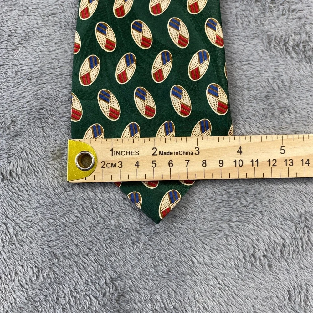 Vintage Polo Ralph Lauren Tie Mens OS Green Red Silk Oval Geometric USA Handmade